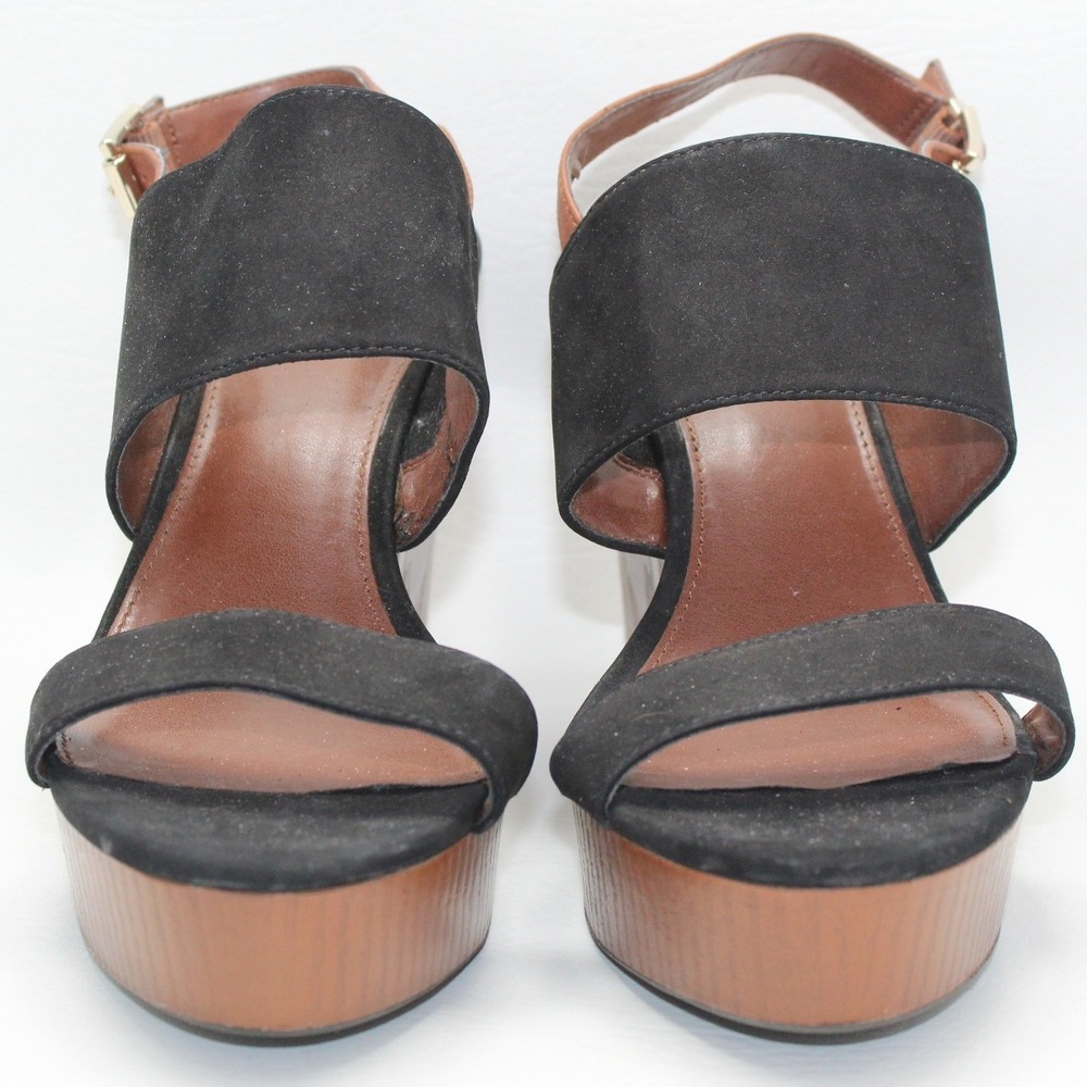 Vince Camuto Black Suede Wood Platform Wedge Sandals Slingback 8.5M 38.5
